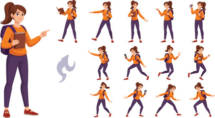Cartoon female student character set with various poses like walking, running, and reading, vector illustration for animation and game design.