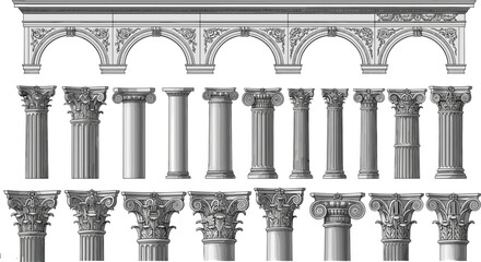 Classic Roman and Greek Column Vector Set, Ancient Architectural Pillars, Arches, and Ornamental Capitals for Building Design Elements.