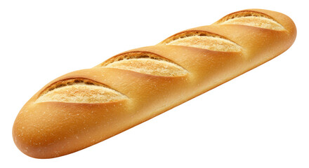 Freshly baked golden brown french baguette bread loaf isolated on transparent background