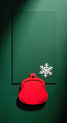 Red coin purse cutout and paper snowflake create Christmas scene, conveying themes of festive cheer and seasonal shopping. Evergreen and shadow add contrast to card perfect for promo,