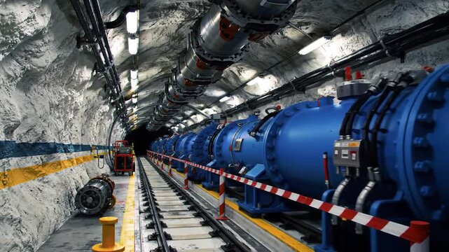 A long gray tunnel features a series of blue cylindrical machinery on rails, with red and white striped barriers and textured walls with overhead pipes and electrical lines.