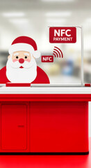 Red kiosk featuring Santa Claus and NFC payment signs, Christmas theme, illuminated scene. This image could be used for holiday promotions or advertising,