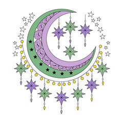A vintage style illustration showing ornamental moon