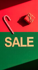 Candy cane, gift, and sale text cutout on bright Christmas colors, a festive advertisement. This image is suitable for holiday season promotions,