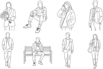 Collection of continuous line art people, fashion men and women standing walking and sitting, minimal vector sketch, urban lifestyle.
