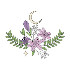 A vintage style illustration representing floral moon