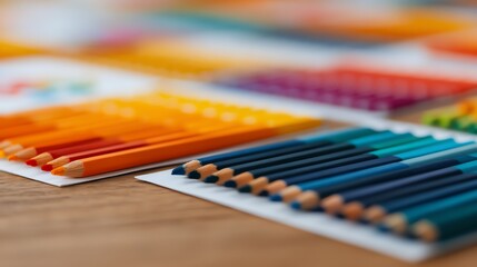 Flat lay of colorful logo design sketches, daylight desk, creative design process