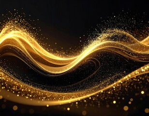 Flowing, elegant golden waves against a dark background, highlighted by scattered shimmering particles of light