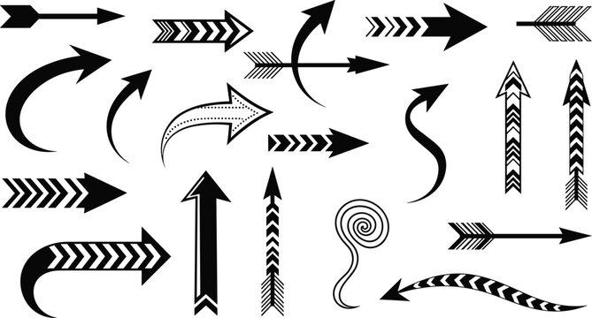 Collection of decorative vector arrows, black tribal pointers, hand drawn direction symbols, boho style design elements, navigation signs.