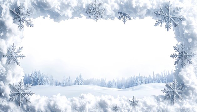 Snowy frame with flakes, wintery landscape background