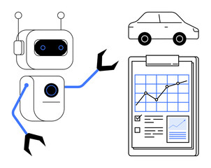 Robot interacting with a clipboard showing analytical data and a car. Ideal for technology, AI automation, innovation, robotics, data analysis, transportation, smart technology. Simple flat metaphor