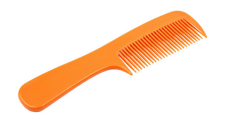Orange plastic hair comb with handle isolated on transparent background