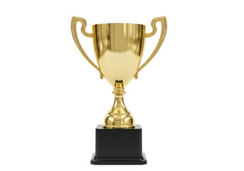 Shiny golden trophy cup with handles standing on a black square base, isolated on transparent background for award concept