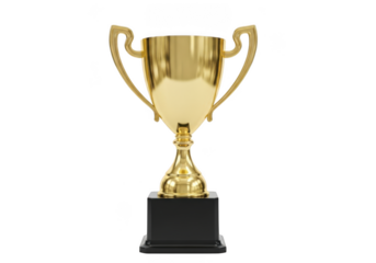 Shiny golden trophy cup with handles standing on a black square base, isolated on transparent background for award concept
