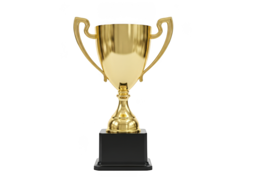 Shiny golden trophy cup with handles standing on a black square base, isolated on transparent background for award concept