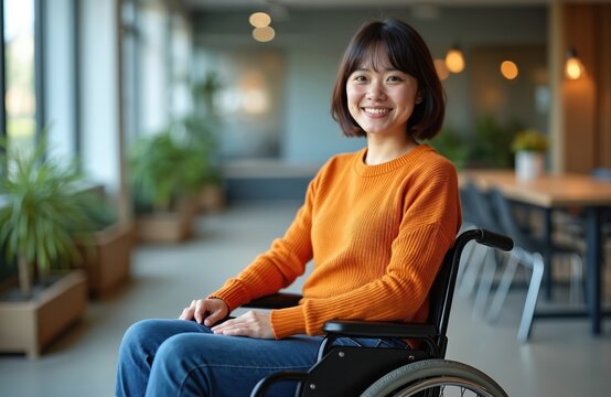 Asian woman smiles warmly from her wheelchair in a modern office space. She wears a bright orange sweater and blue jeans, looking directly at the camera.