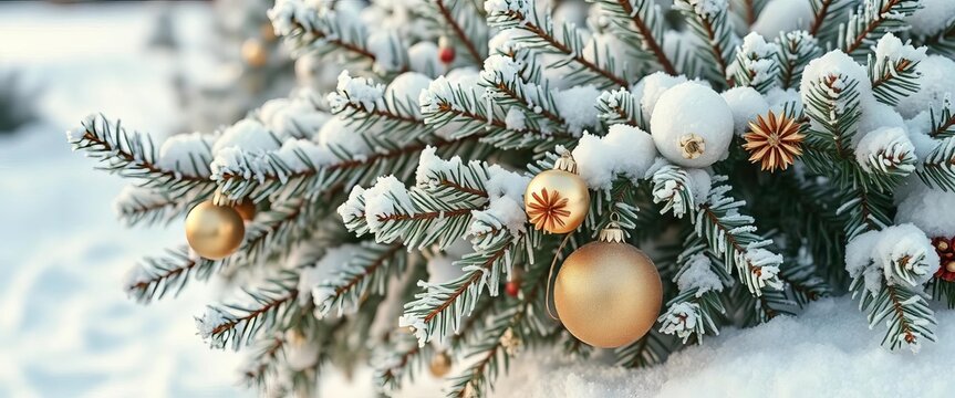 Frosted pine branches adorned with silver & gold ornaments, nestled in snowy landscape, snowy landscape, sparkle
