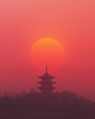 Ancient pagoda silhouette against vibrant red sunset in japan