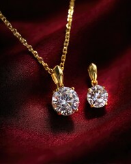 Golden necklace with a large diamond pendant, near diamond earring