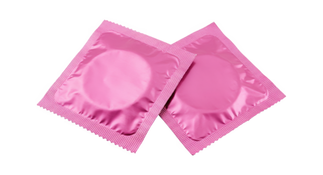 Two pink condom packages displayed diagonally isolated on transparent background