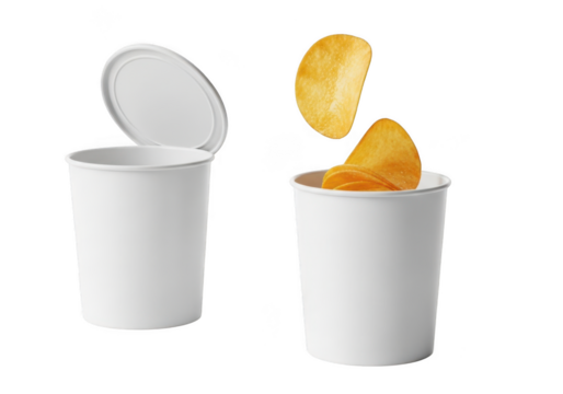 Two white cylindrical containers for snacks, one open with lid up and one with potato chips falling into it, isolated on transparent background