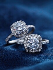Two diamond engagement rings sparkle on a luxurious, blue velvet surface