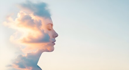 Double exposure of a womans profile with clouds and sunset sky