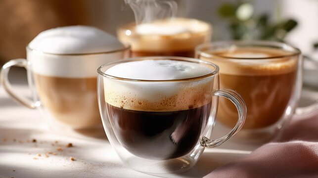 Different types of coffee with froth served in clear glass cups on a wooden table