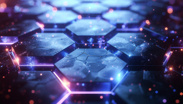 Futuristic hexagonal tile surface with raised cells, glowing blue‑purple‑pink edges, fine cracks, particles, and bokeh lights for a sci‑fi tech aesthetic.