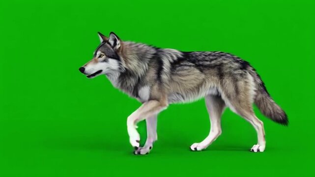 Wolf walking slowly across a green screen background in a studio setting with good lighting green screen wolf video