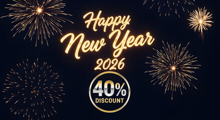 Happy New Year 2026 with sparkling fireworks and a 40 percent discount offer celebration