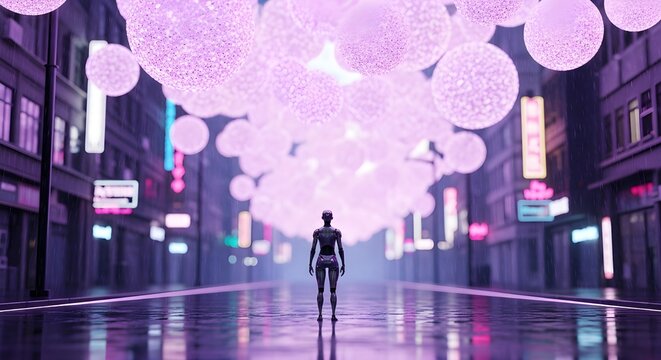 Futuristic android standing in a neonlit city street with glowing orbs