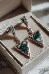 Dangle earrings green triangles in a pale velvet box, close-up view