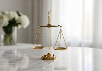 Golden scales of justice on a marble table with flowers