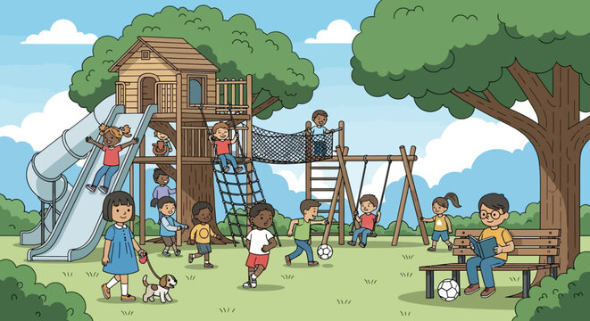 Children enjoying a fun day playing outdoors at a playground with various activities - Powered by Adobe