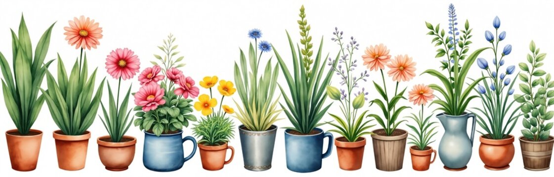 Assortment of potted plants featuring diverse flowers, green foliage in varied containers like pots, mugs, jugs. Botanical collection for decorative home garden projects, presented on white