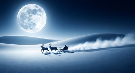 Santa claus and reindeer flying through the night sky under the moon