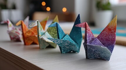 Row of colorful origami paper cranes, indoors, with bokeh lights
