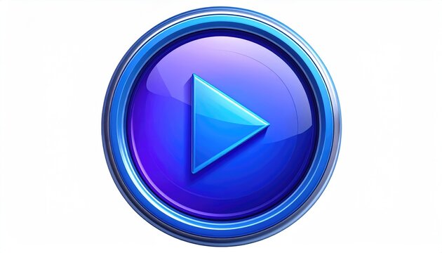 Glossy blue play button with white background