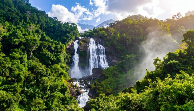 Blue mountain landscape with a waterfall. Landscape with high cliffs and the flying 