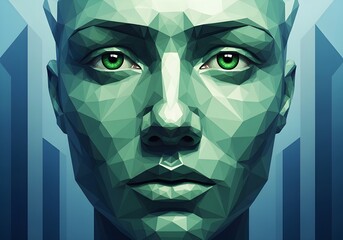 Geometric human face with green eyes and polygonal facets, futuristic