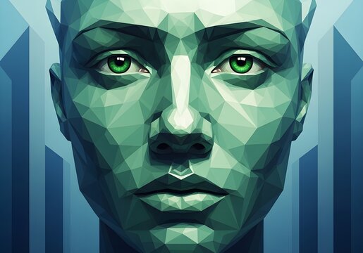 Geometric human face with green eyes and polygonal facets, futuristic