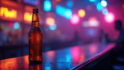 Cold amber beer bottle sits on wet bar top. Neon lights glow in nightclub, reflecting on counter. Dark atmosphere, bokeh lights, social gathering.