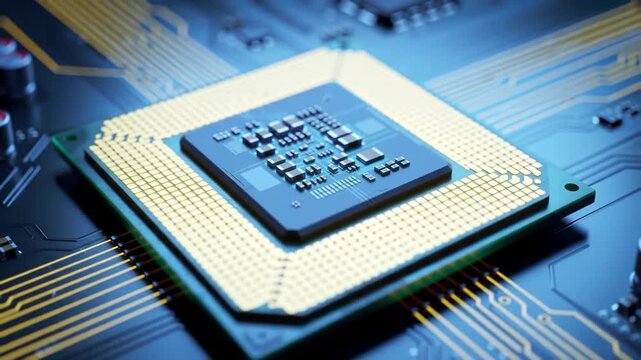 CPU closeup on circuit board showing microchips for high-tech computing and processing use
