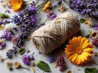 String, flowers, and greenery on a textured gray surface