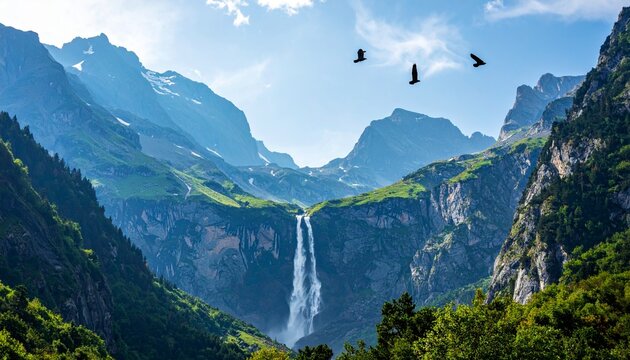 Blue mountain landscape with a waterfall. Landscape with high cliffs and the flying 