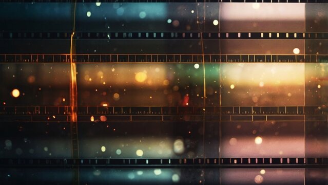 Cinematic film roll layout with overlapping transparent film strips, subtle scratches, and glowing bokeh effects.