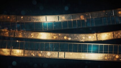 Cinematic film roll layout with overlapping transparent film strips, subtle scratches, and glowing bokeh effects.