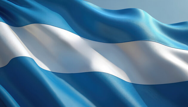 Argentinian flag waves in blue and white. Fabric texture detail shows bright sky backdrop. South American nation symbol shows patriotism and national pride.