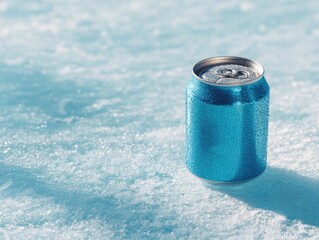 Chilled blue can sits on snow, dewdrops cover cold surface